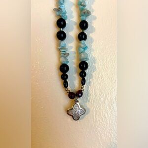 NWT Real Larimar, Garnet, and Black Onyx Necklace with Pendant!